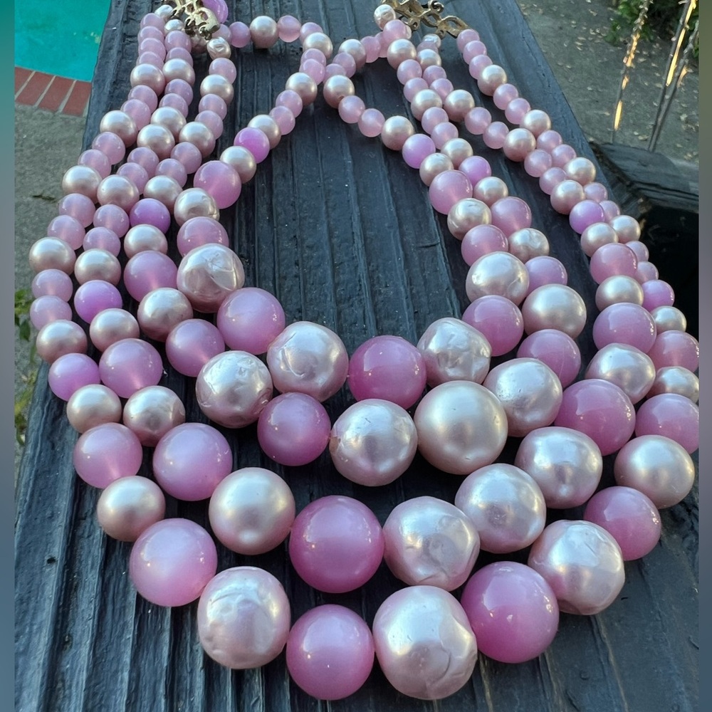 Vintage Pink Lucite Moonstone & Faux Baroque Pearl 4 Strand Necklace